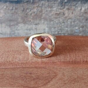 925 Sterling Silver Gold Plated Champagne Faceted Crystal Ring